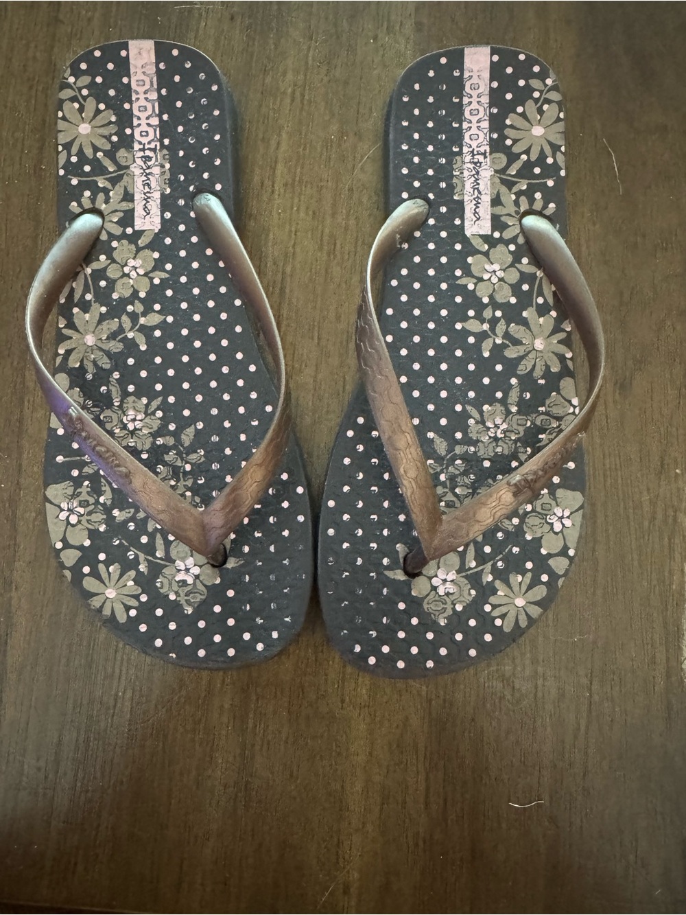 Girl’s Floral Polka Dot Flip Flops - Bronze Straps